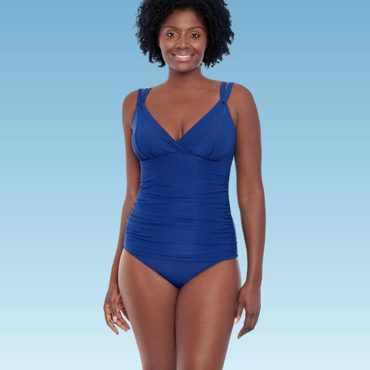 Women's Slimming Control Shirred Front Double Strap Tankini Top - Dreamsuit By Miracle Brands Blue