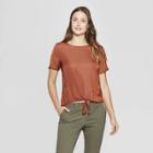 Women's Short Sleeve Satin Tie Front Top - A New Day Brown