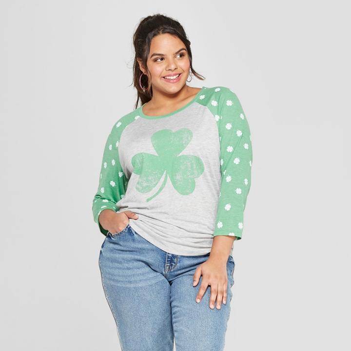 Women's Plus Size 3/4 Sleeve Four Leaf Clover Raglan Graphic T-shirt - Grayson Threads (juniors') - Gray