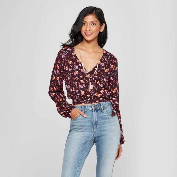 Women's Long Sleeve Wrap Floral Woven Top - Xhilaration Purple