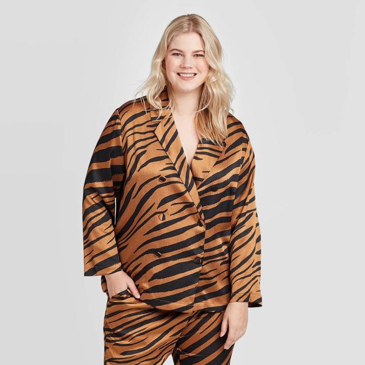 Women's Plus Size Animal Print Long Sleeve V-neck Silky Blazer Blouse - Who What Wear Brown 1x, Women's,