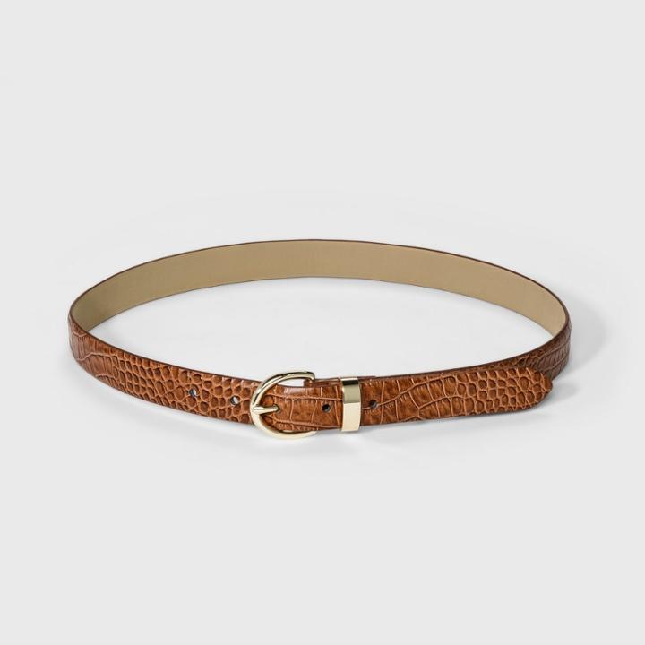 Women's Croco Bombe Belt - A New Day Cognac