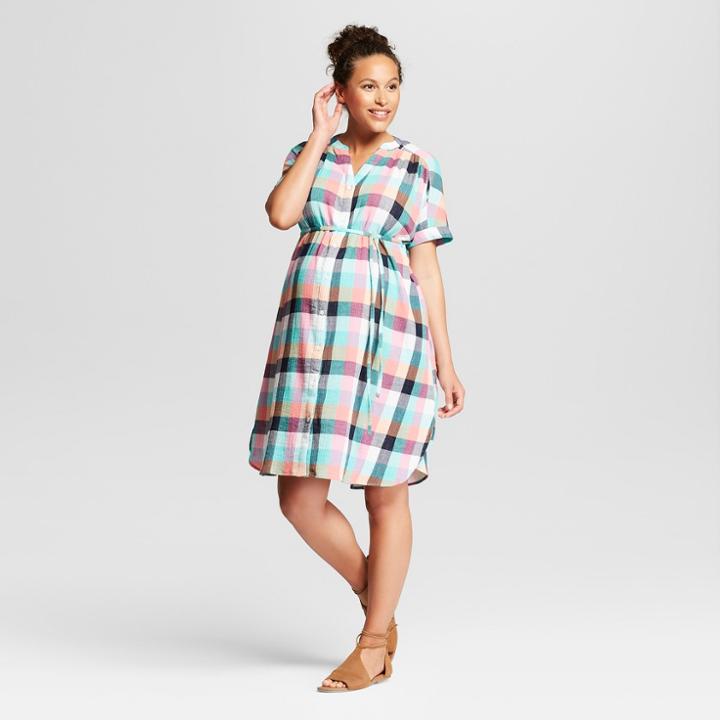 Maternity Plaid Dolman Tie Waist Shirt Dress - Isabel Maternity By Ingrid & Isabel Orange/green M, Infant Girl's