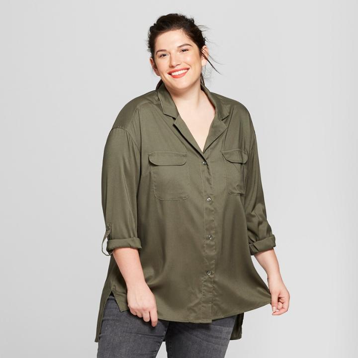 Women's Plus Size Button-down Long Sleeve Shirt - Ava & Viv Olive (green) X