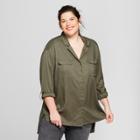 Women's Plus Size Button-down Long Sleeve Shirt - Ava & Viv Olive (green) X