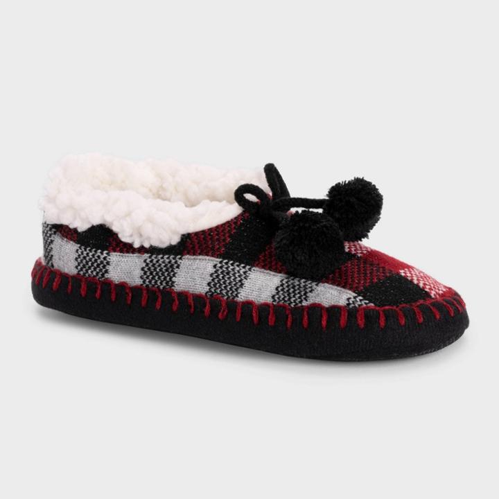 Muk Luks Women's Classic Ballerina Slipper Socks With Poms - Red