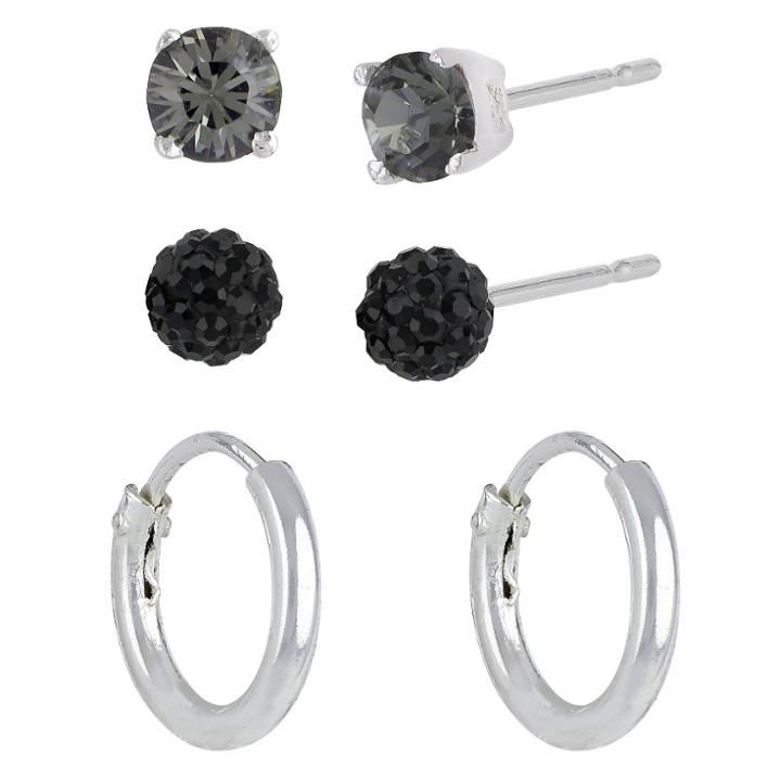 Distributed By Target Women's Sterling Silver Set Of 3 Crystal Fireball Stud Earrings And Endless Hoop Earrings - Silver/clear/black