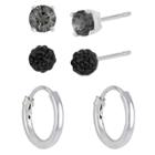 Distributed By Target Women's Sterling Silver Set Of 3 Crystal Fireball Stud Earrings And Endless Hoop Earrings - Silver/clear/black