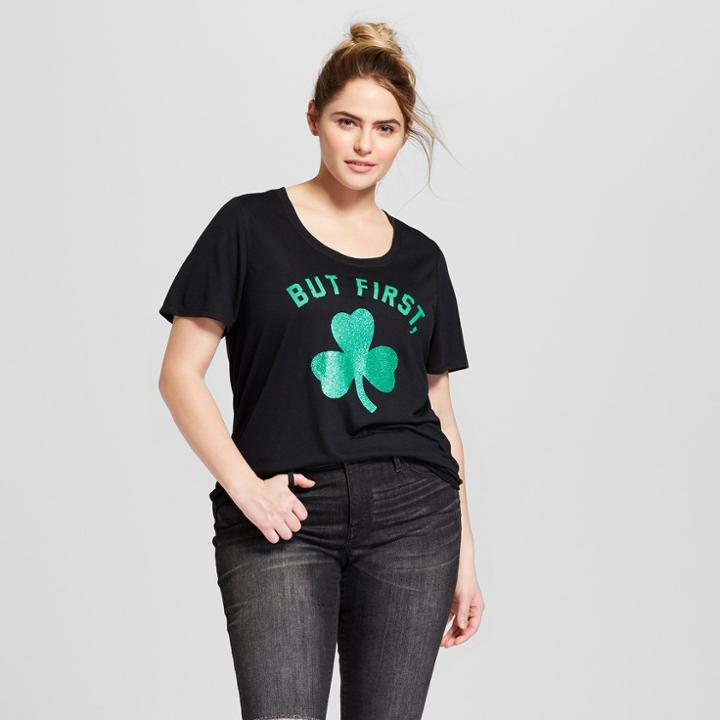 Women's Plus Size St. Patrick's Day Glitter Clover Scoop Neck Short Sleeve Graphic T-shirt - Grayson Threads (juniors') - Black
