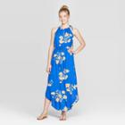 Women's Floral Print Sleeveless Strappy Halter Neck Maxi Dress - Xhilaration Dazzling Blue