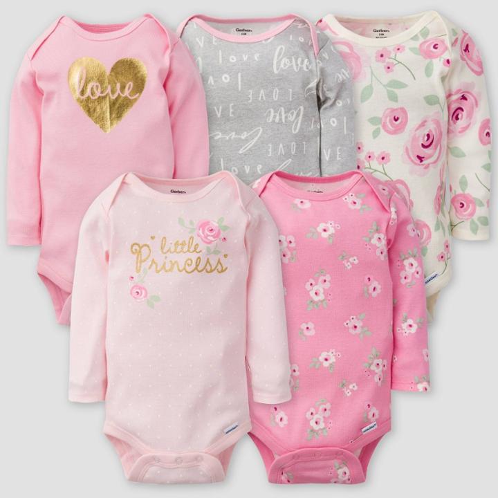 Gerber Baby Girls' 5pk Floral Long Sleeve Onesies - Pink/off-white/gray