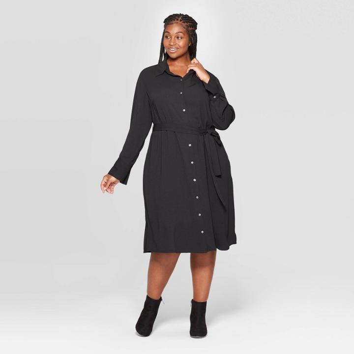 Women's Plus Size Long Sleeve Collared Midi Shirtdress - Ava & Viv Black