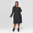 Women's Plus Size Long Sleeve Collared Midi Shirtdress - Ava & Viv Black