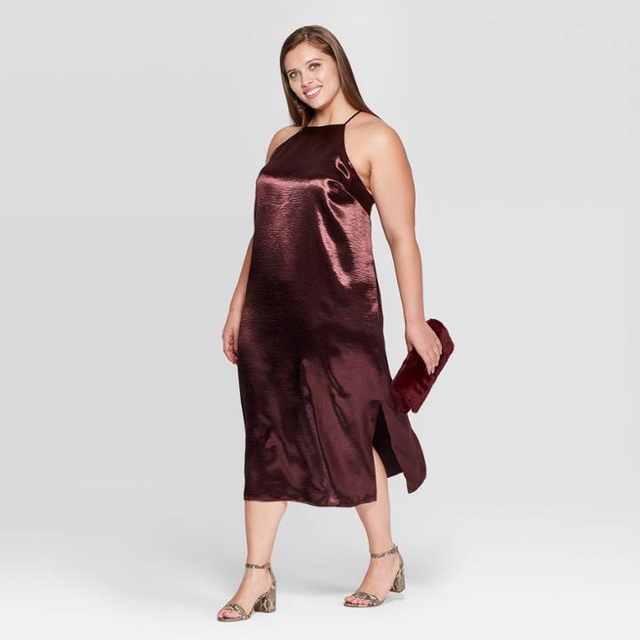 Women's Plus Size Sleeveless Halter Neck Satin Midi Dress - A New Day Dark Red X, Women's