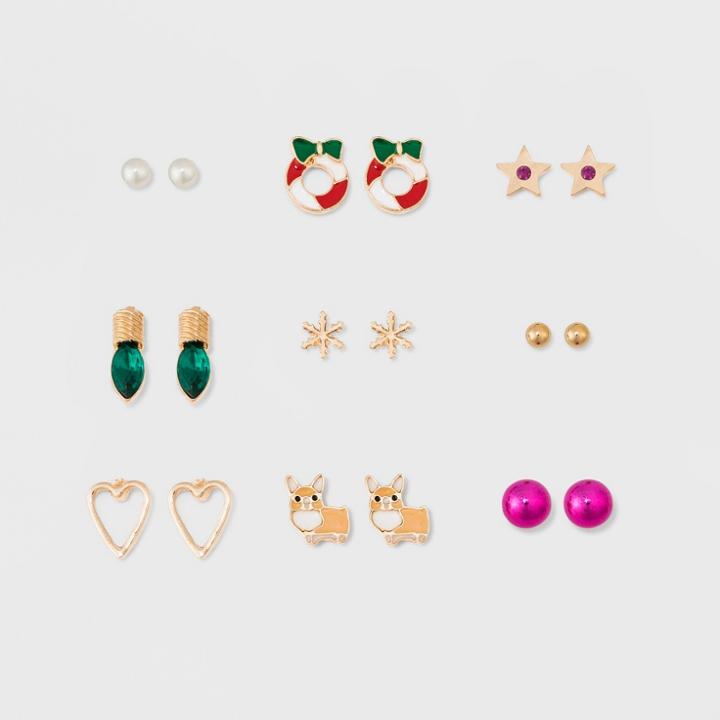 Target Ball, Simulated Pearl, Star, Snowflake, Wire Heart And Bulb Button Earring Set 9ct,