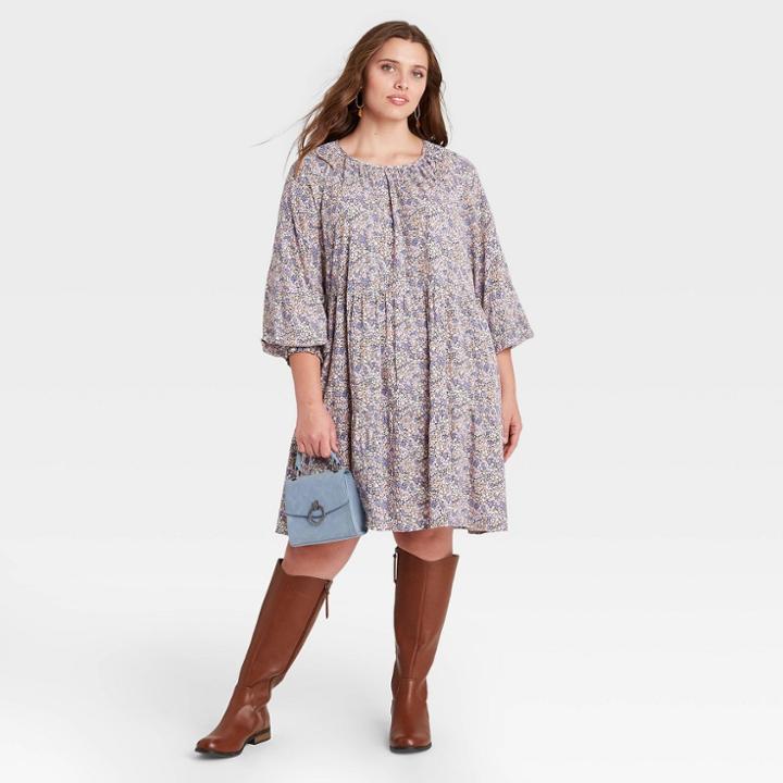 Women's Plus Size Floral Print Balloon Long Sleeve Tiered Babydoll Dress - Universal Thread Blue