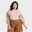 Women's Plus Size Long Sleeve Round Neck Eyelet Top - A New Day Beige