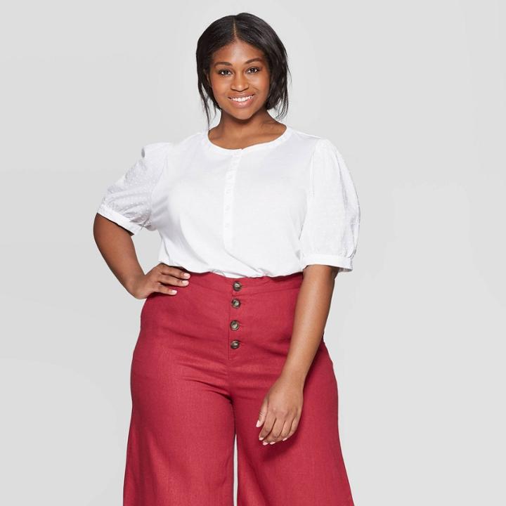 Women's Plus Size Long Poplin Sleeve Crewneck Henley Shirt - Who What Wear Bright White