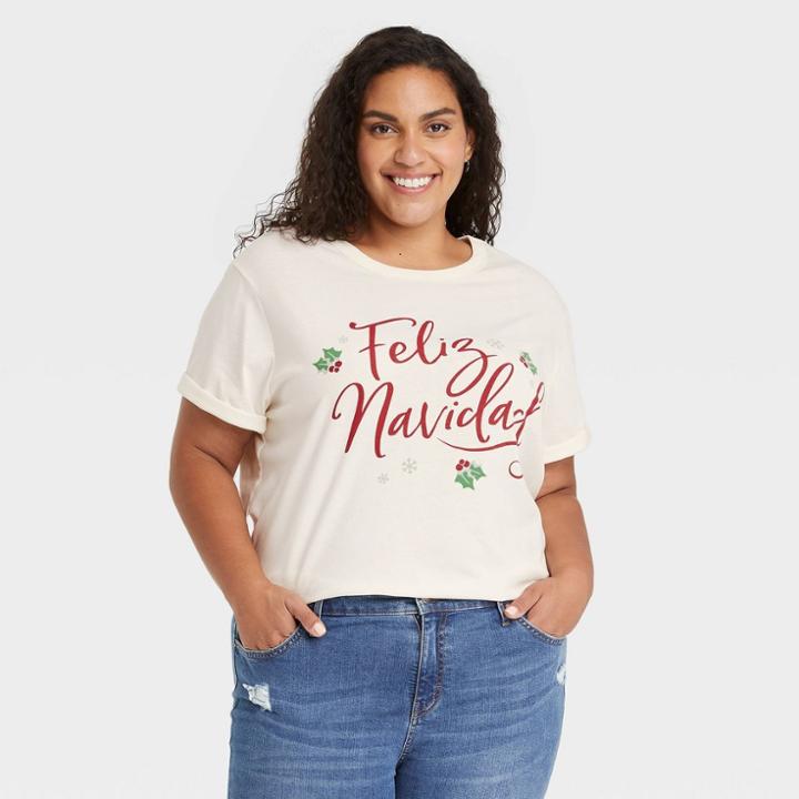 Zoe+liv Women's Plus Size Feliz Navidad Short Sleeve Graphic T-shirt - Ivory