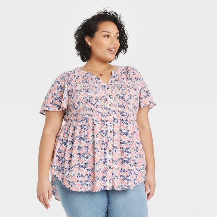 Women's Plus Size Floral Print Short Sleeve Smocked Top - Knox Rose Ivory