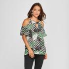 Women's Striped Print Short Sleeve Cold Shoulder Choker Neck Blouse - Lux Ii - White/black