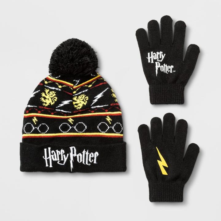 Boys' Harry Potter Cuffed Pom Beanie & Gloves Set - Black