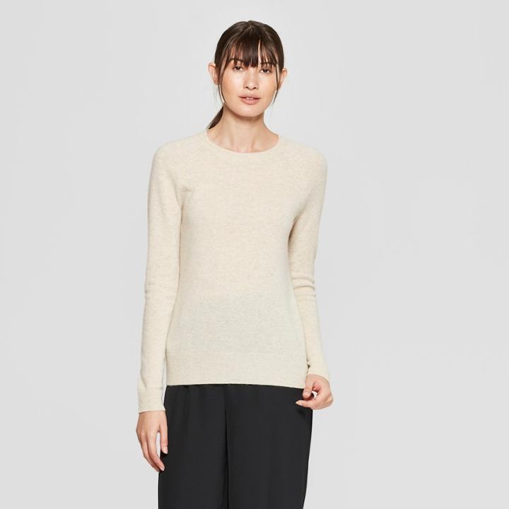 Women's Long Sleeve Crew Neck Cashmere Pullover Sweater - Prologue Oatmeal