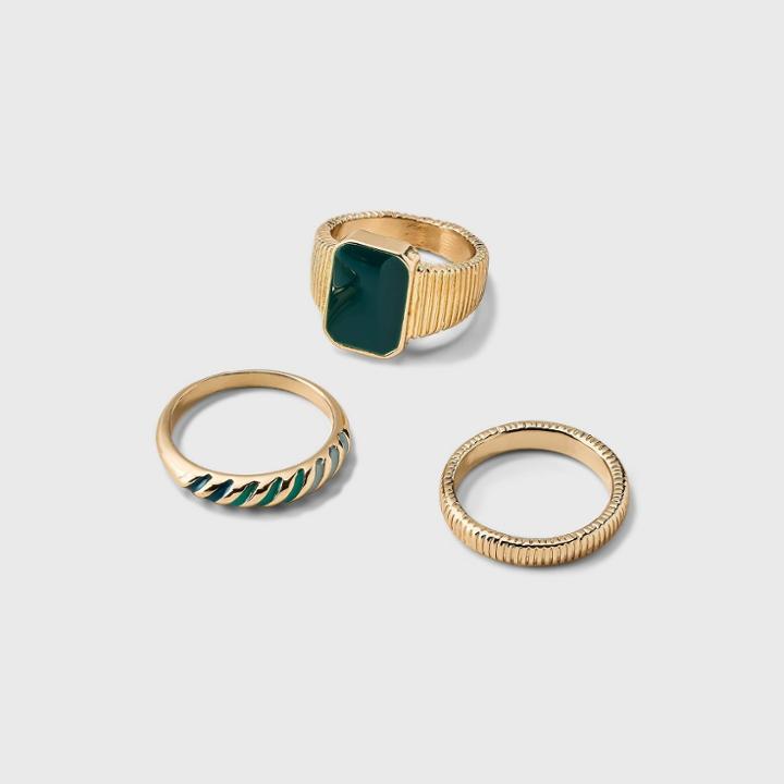 Mixed Texture Cubic Zirconia Striped Ring Set 3pc - A New Day Green