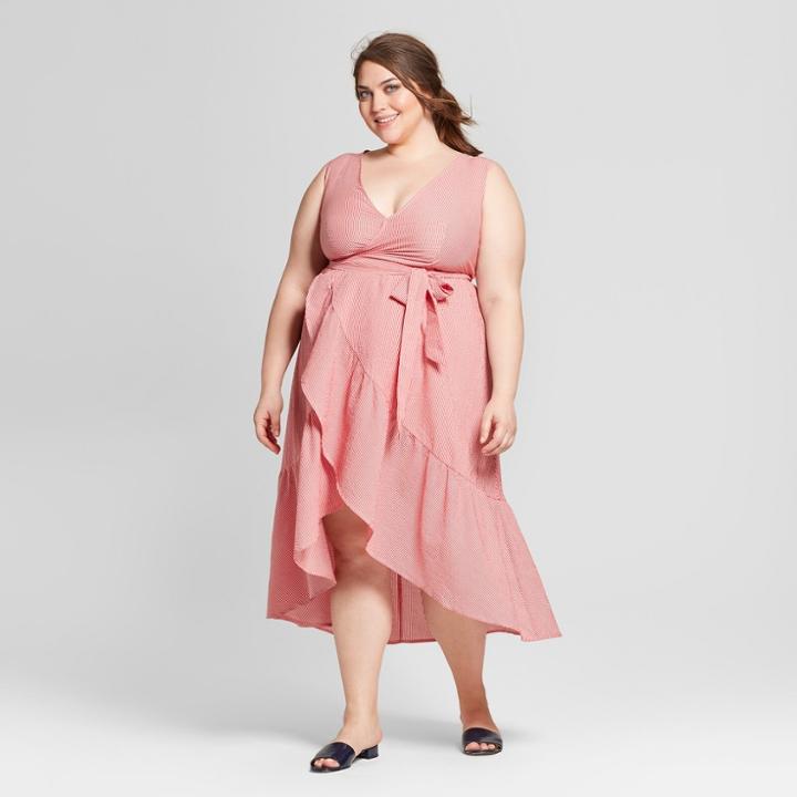 Women's Plus Size Striped Sleeveless Ruffle Midi Wrap Dress - Who What Wear Red/white 3x, Red/white