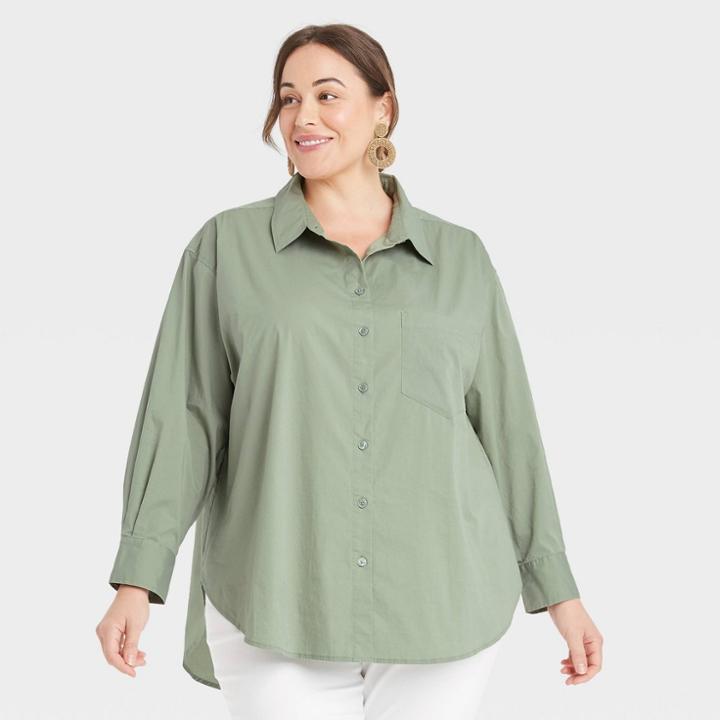 Women's Plus Size Long Sleeve Button-down Oversized Tunic - Ava & Viv Green X