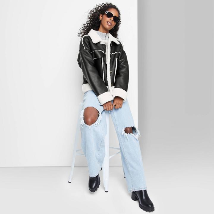 Women's Shearling Lined Faux Leather Jacket - Wild Fable Black
