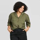 Women's Plus Size Long Sleeve Collared Button-down Utility Top - A New Day Green 1x, Women's,