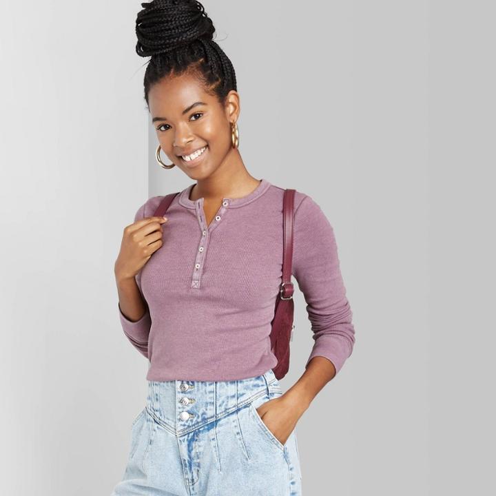 Women's Long Sleeve Round Neck T-shirt - Wild Fable Purple Rib