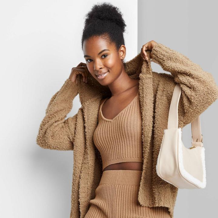 Women's Fuzzy Open Hooded Cardigan - Wild Fable Light Brown
