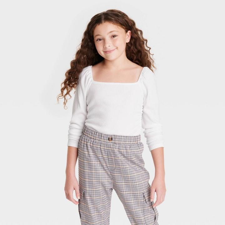 Girls' Square Neck Ribbed Long Sleeve Top - Art Class White