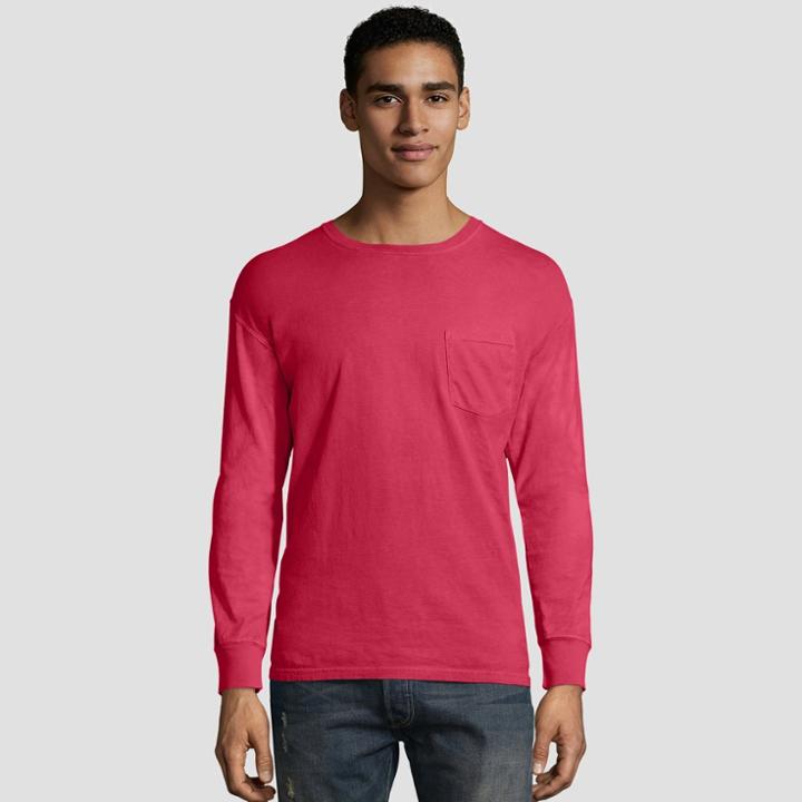 Hanes Men's Long Sleeve 1901 Garment Dyed Pocket T-shirt - Crimson (red)
