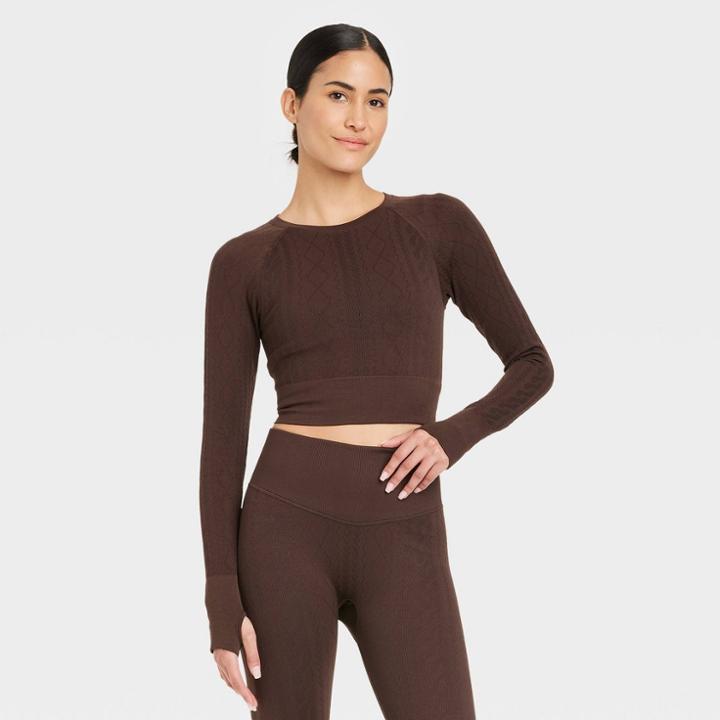 Women's Cropped Seamless Cable Knit Long Sleeve Top - Joylab Dark Brown