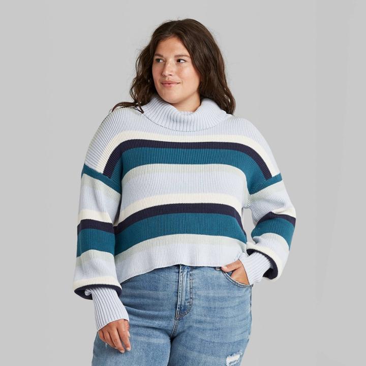 Women's Plus Size Turtleneck Cropped Pullover Sweater - Wild Fable Blue