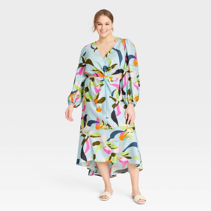 Women's Plus Size Long Sleeve Twist Cut Out Dress - A New Day Blue Floral