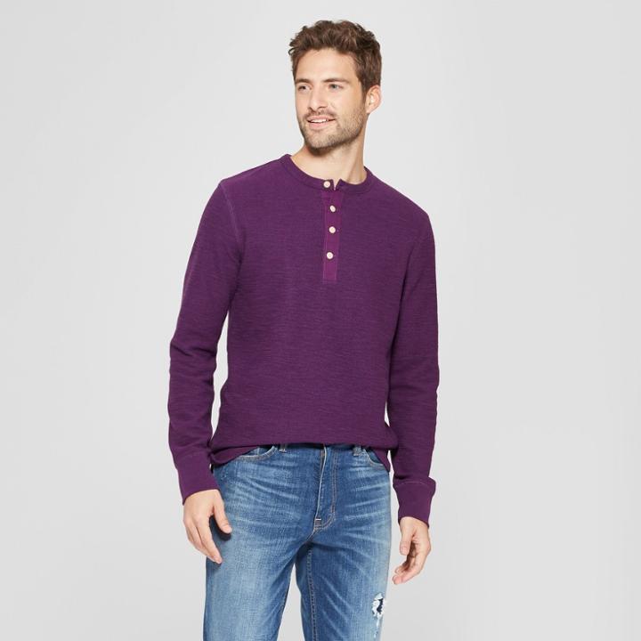 Men's Standard Fit Long Sleeve Textured Henley Shirt - Goodfellow & Co Purple Currant