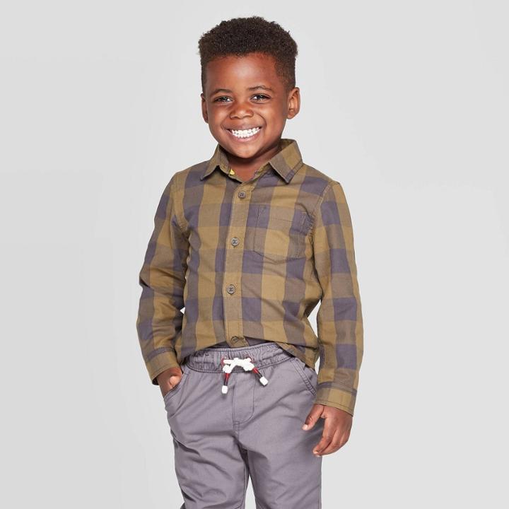 Toddler Boys' Specialty Twill Long Sleeve Buffalo Check Button-down Shirt - Cat & Jack Green