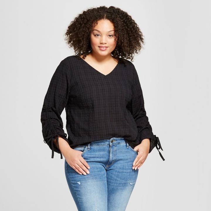 Women's Plus Size Ruched Sleeve Blouse - Ava & Viv Black