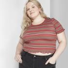 Women's Plus Size Short Sleeve Scoop Neck Striped Smocked T-shirt - Wild Fable Pink
