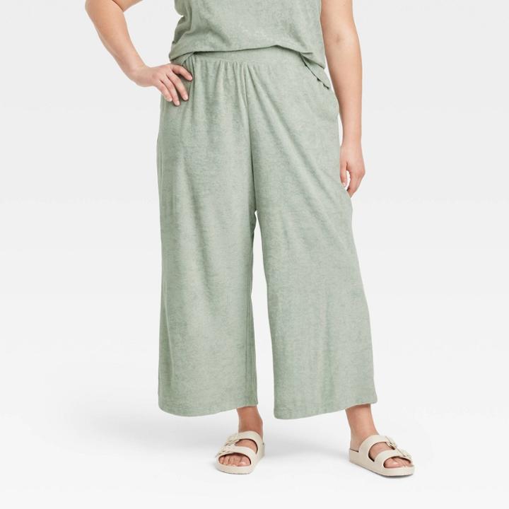 Women's Plus Size High-rise French Terry Wide Leg Ankle Pull-on Pants - A New Day Green