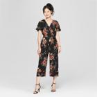 Women's Floral Print Short Sleeve V-neck Jumpsuit - Lily Star (juniors') Black/red/olive