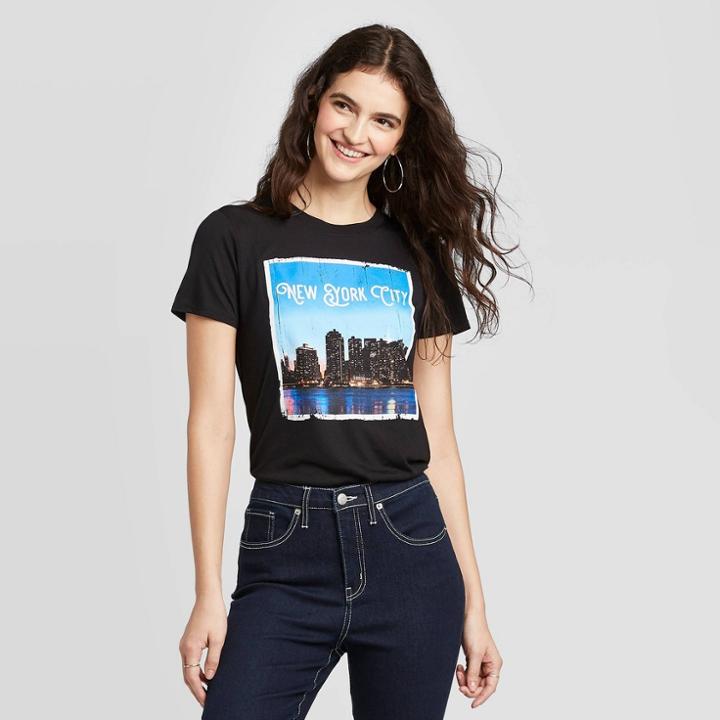 Women's Short Sleeve Crewneck New York Photo Graphic T-shirt - Modern Lux Black L, Women's,