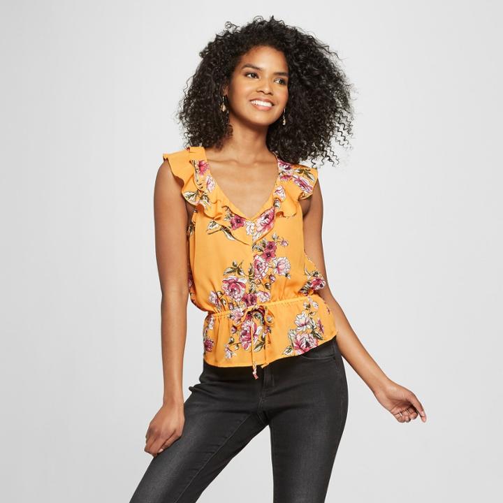 Women's Floral Print Peplum Ruffle Top - Almost Famous (juniors') Mustard