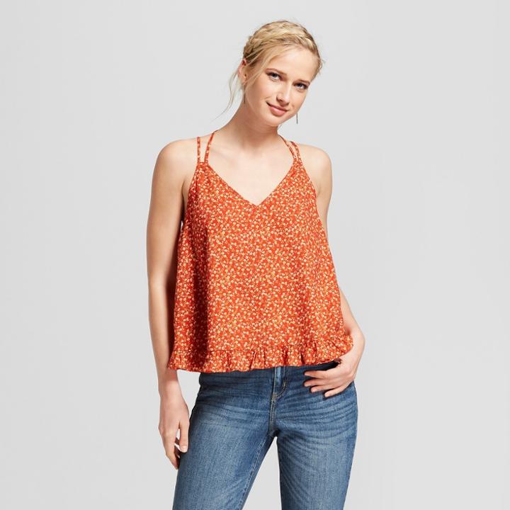 Women's Floral Print Strappy Lace-up Back Swing Tank - Xhilaration Sunwashed Red