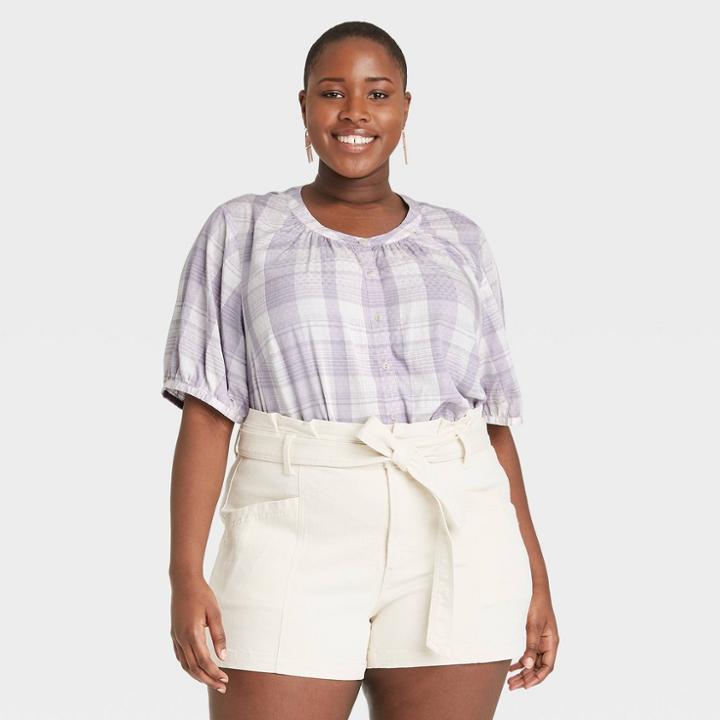Women's Plus Size Plaid Short Sleeve Button-front Blouse - Universal Thread Lilac