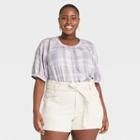 Women's Plus Size Plaid Short Sleeve Button-front Blouse - Universal Thread Lilac
